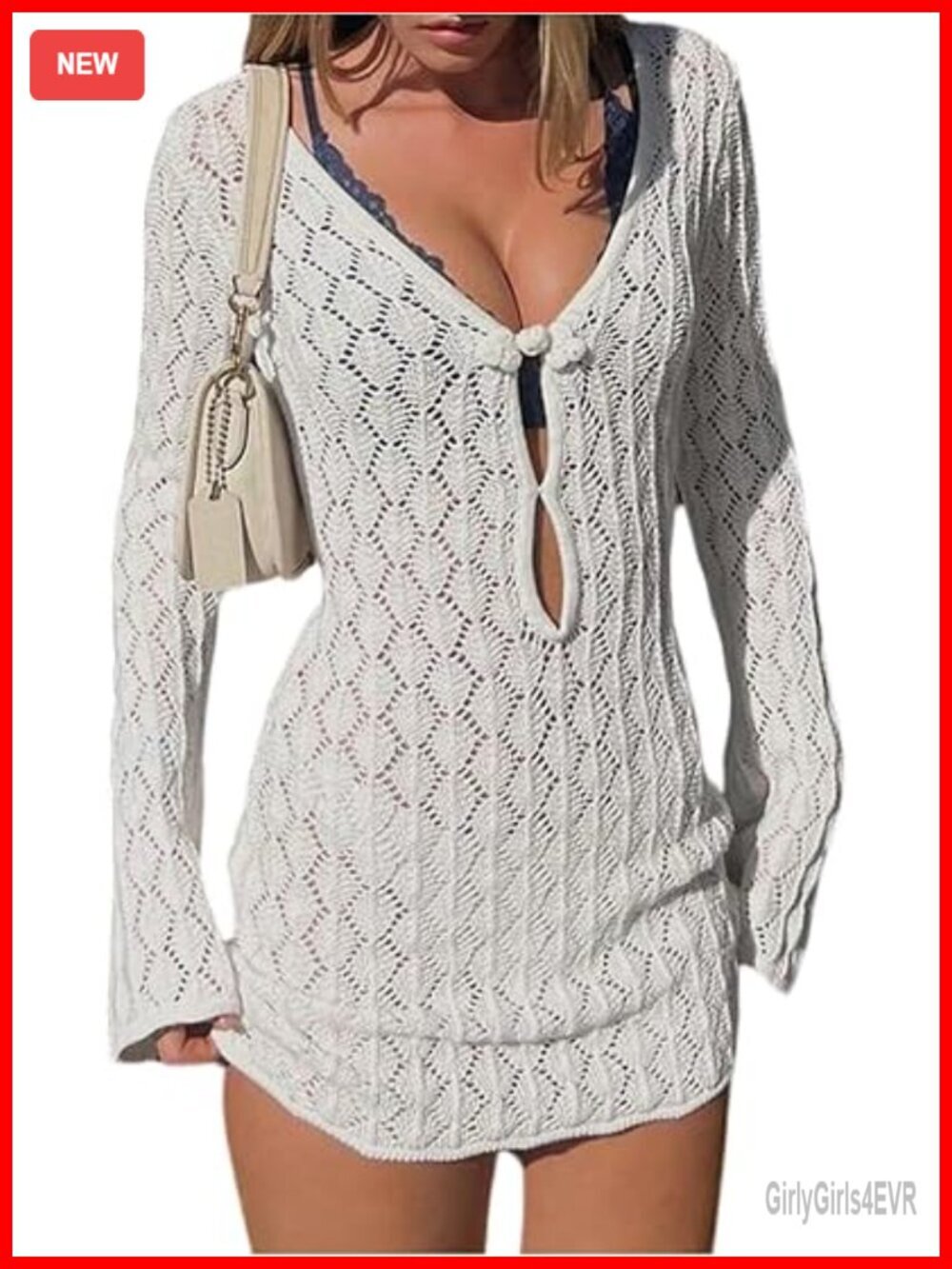 Crochet Cut Out Long Sleeve Cover Up Dress Beach Swimsuit Outfit - Picture 1 of 5